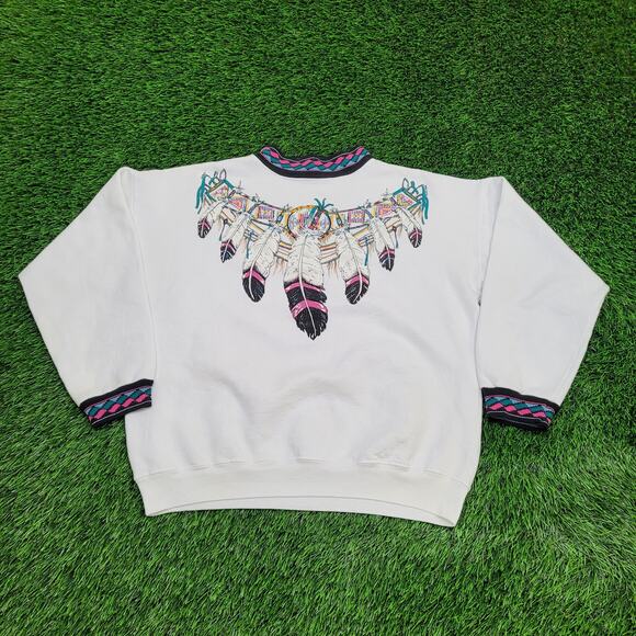 Vintage Native-American Ringer Sweatshirt Womens Large 22x22 USA - Picture 1 of 15